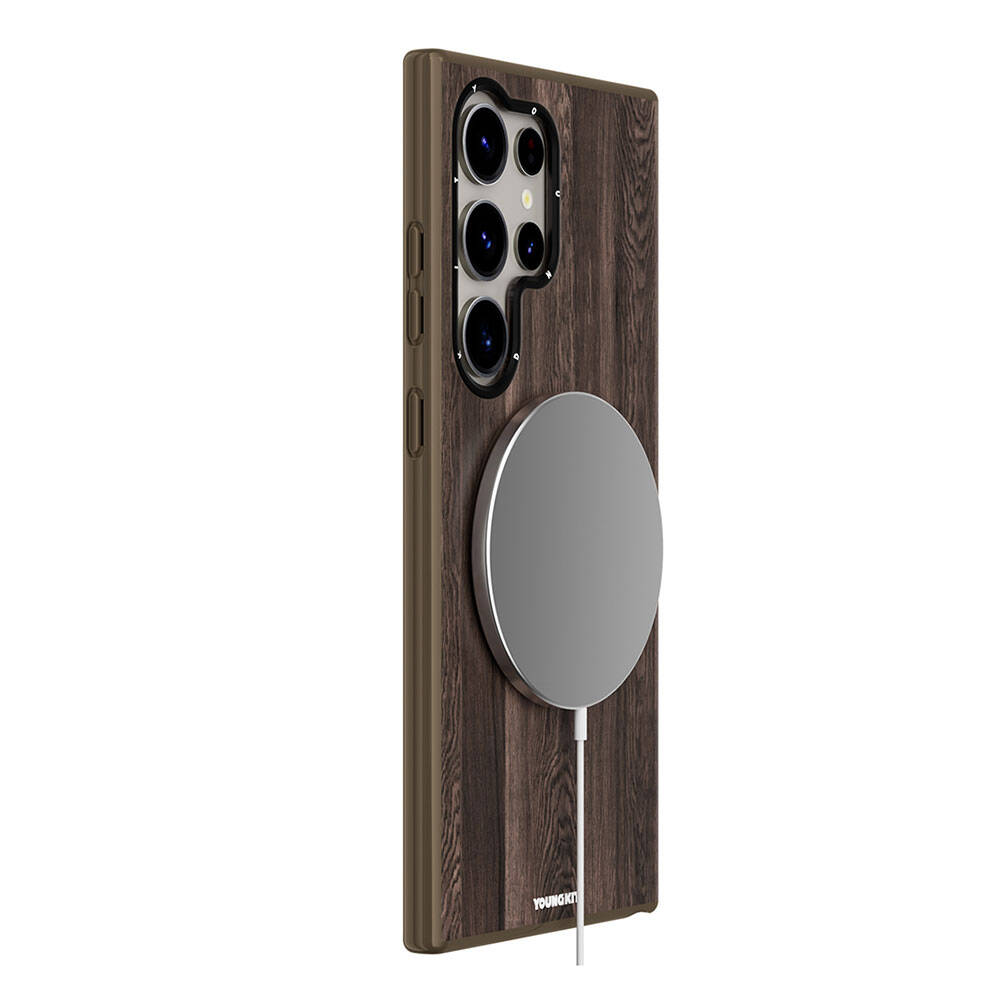 Galaxy S24 Ultra Kılıf Magsafe Şarj Özellikli Sararmaya Dayanıklı Youngkit Wood Forest Serisi Kılıf Kahverengi