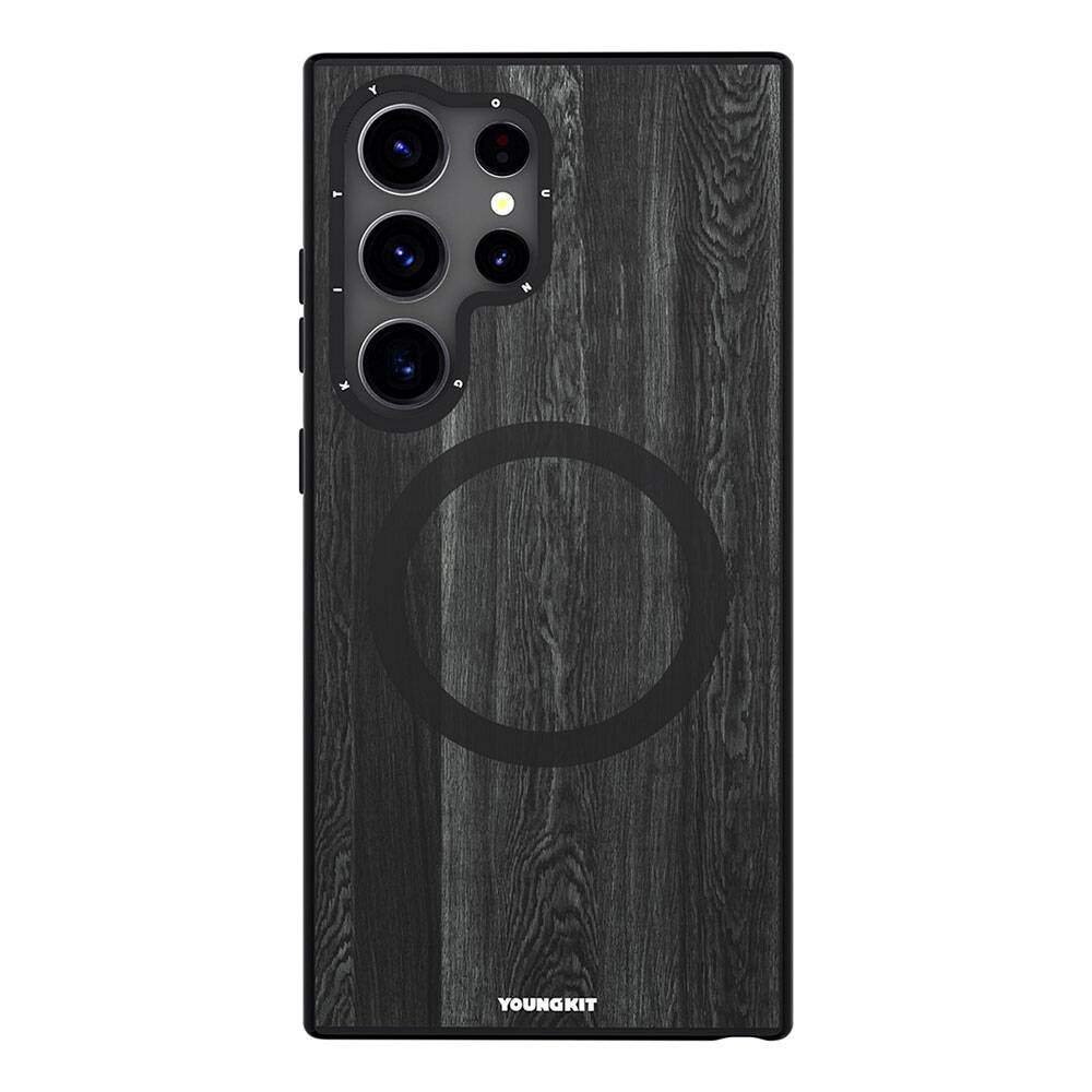 Galaxy S24 Ultra Kılıf Magsafe Şarj Özellikli Sararmaya Dayanıklı Youngkit Wood Forest Serisi Kılıf Siyah