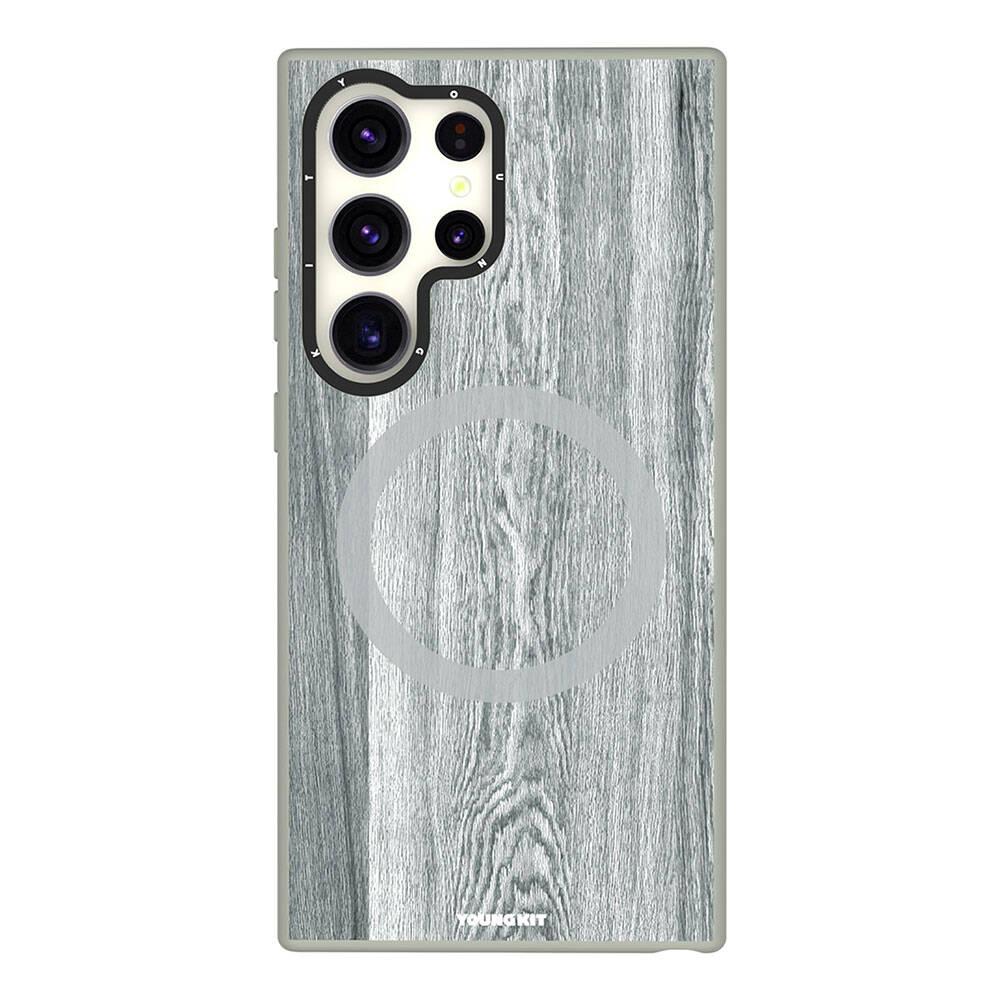 Galaxy S24 Ultra Kılıf Magsafe Şarj Özellikli Sararmaya Dayanıklı Youngkit Wood Forest Serisi Kılıf Gri