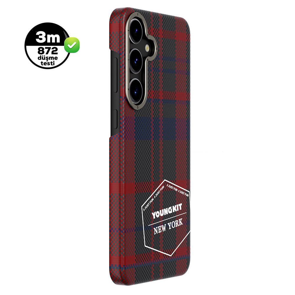 Galaxy S24 Plus Kılıf Ekose Desenli Youngkit Gezhi Serisi Kılıf Mavi