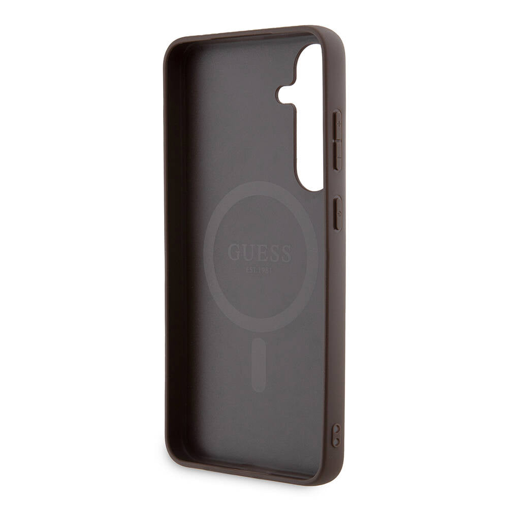 Galaxy S24 Plus Kılıf Guess Orjinal Lisanslı Magsafe Şarj Özellikli PU Halkalı 4G Desenli Yazı Logolu Kapak Kahverengi