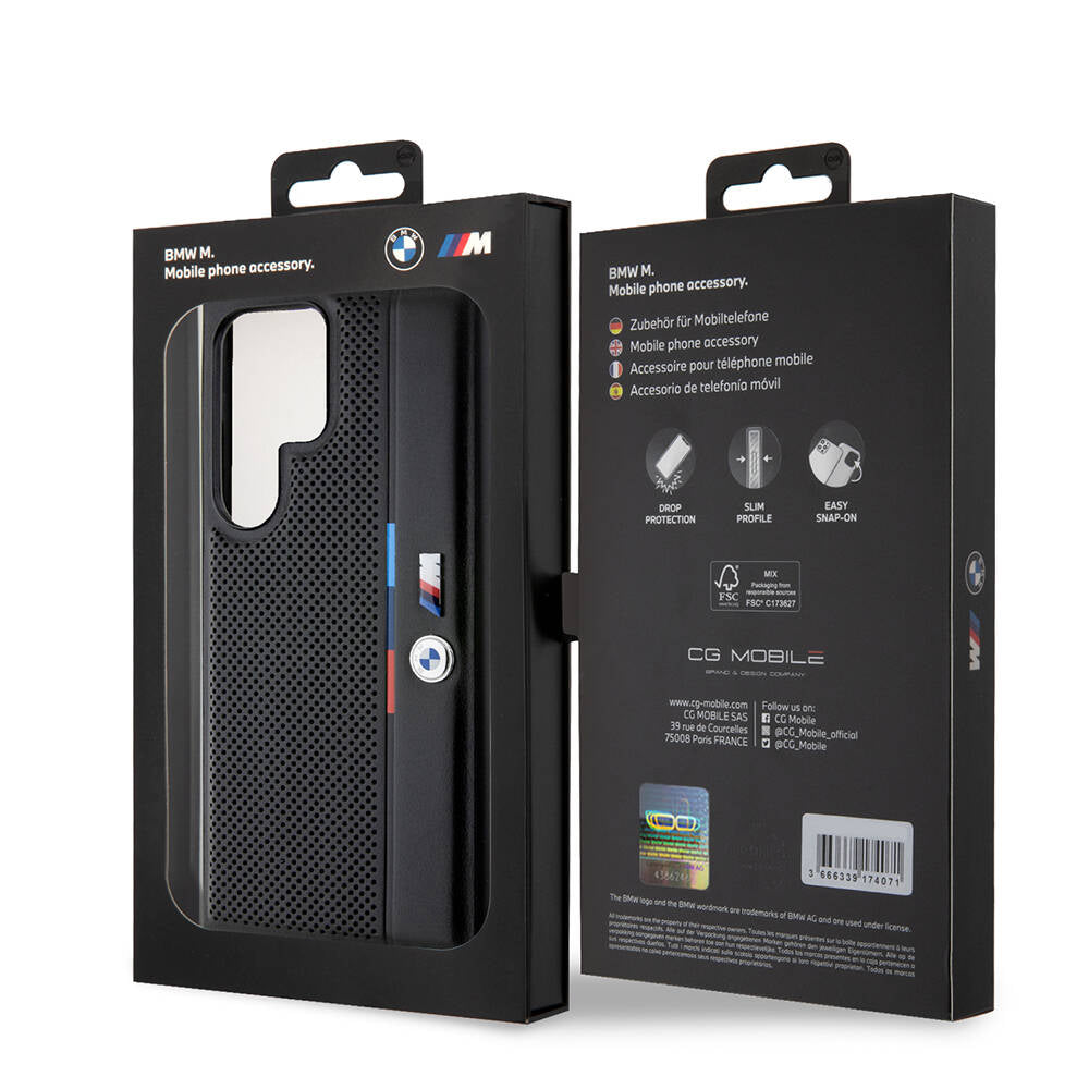 Galaxy S24 Ultra Kılıf BMW Orjinal Lisanslı M Logolu Üç Renk Çizgili Delikli Detail Line Kılıf Siyah