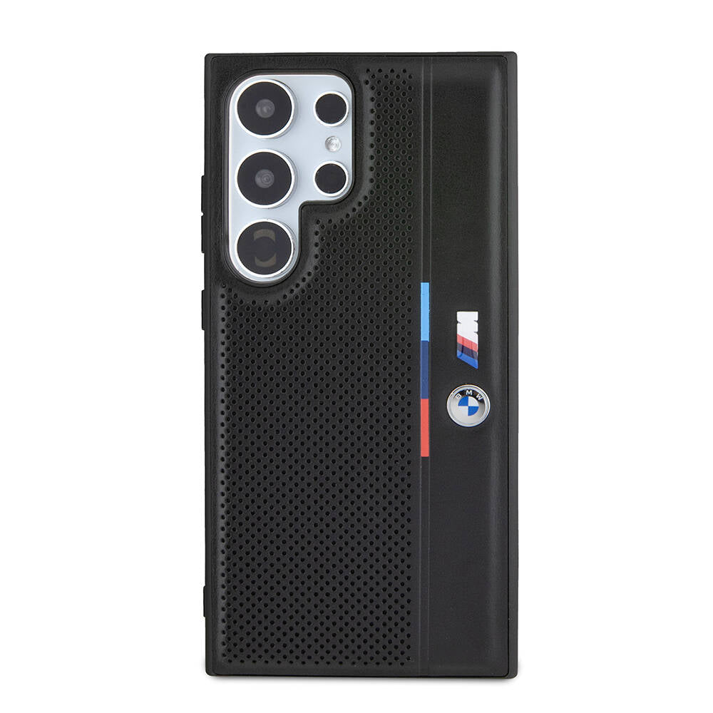 Galaxy S24 Ultra Kılıf BMW Orjinal Lisanslı M Logolu Üç Renk Çizgili Delikli Detail Line Kılıf Siyah