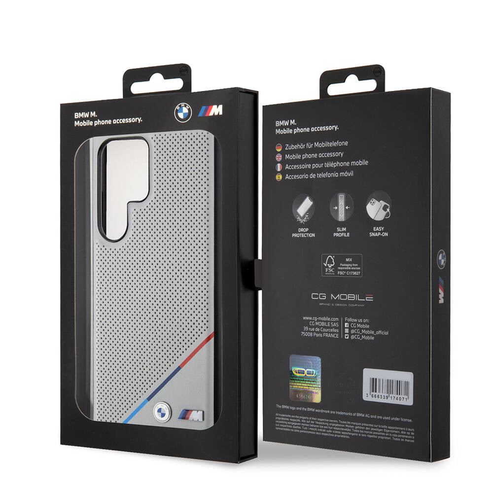 Galaxy S24 Ultra Kılıf BMW Orjinal Lisanslı Magsafe Şarj Özellikli M Logolu Üç Çizgili Delikli Deri Kılıf Gri