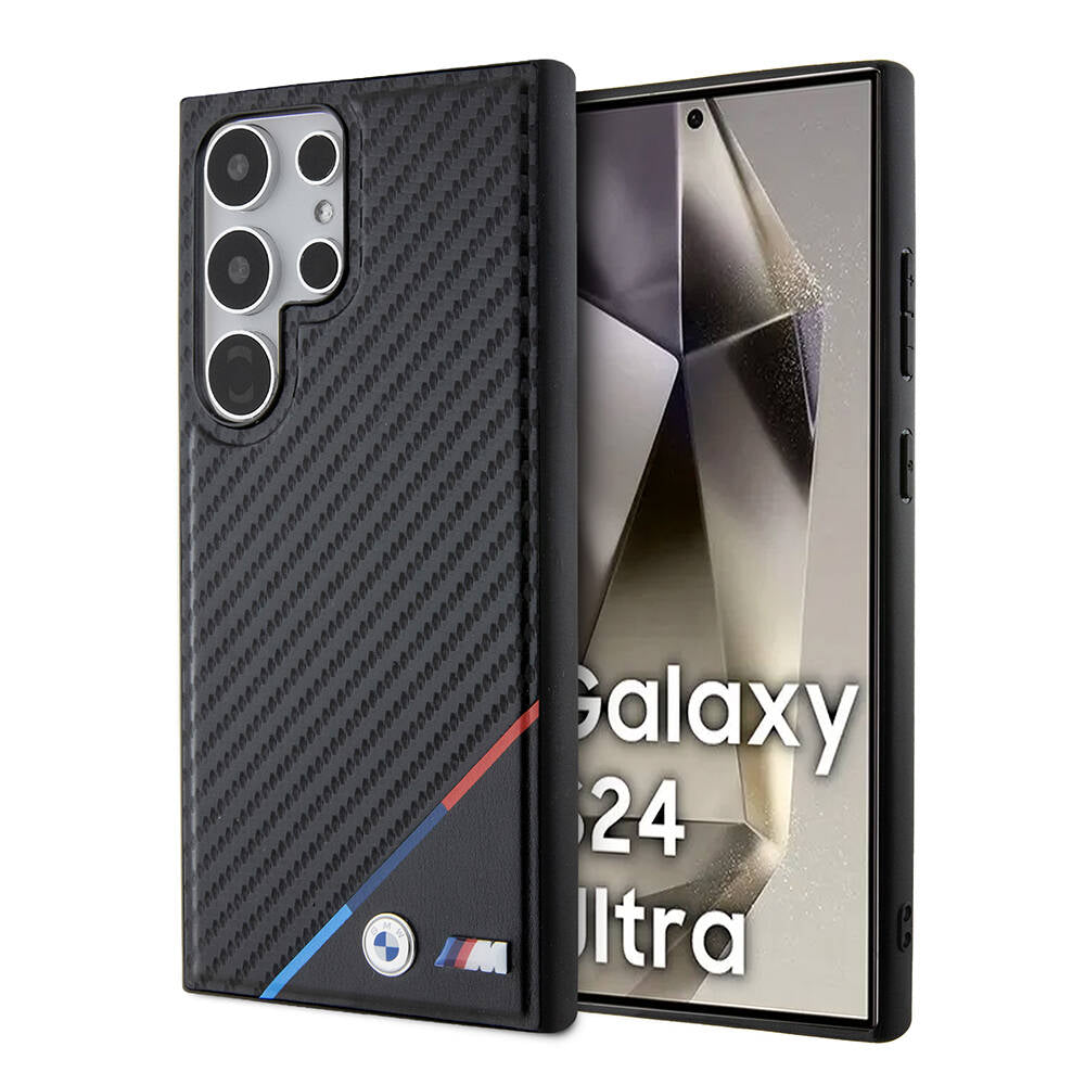 Galaxy S24 Ultra Kılıf BMW Orjinal Lisanslı Magsafe Şarj Özellikli M Logolu Üç Çizgili PU Karbon Kılıf Siyah