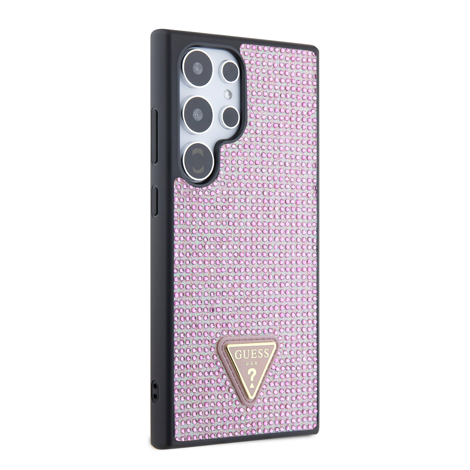 Galaxy S24 Ultra Kılıf Guess Orjinal Lisanslı Taşlı Arka Yüzey Üçgen Logolu Kapak Pembe