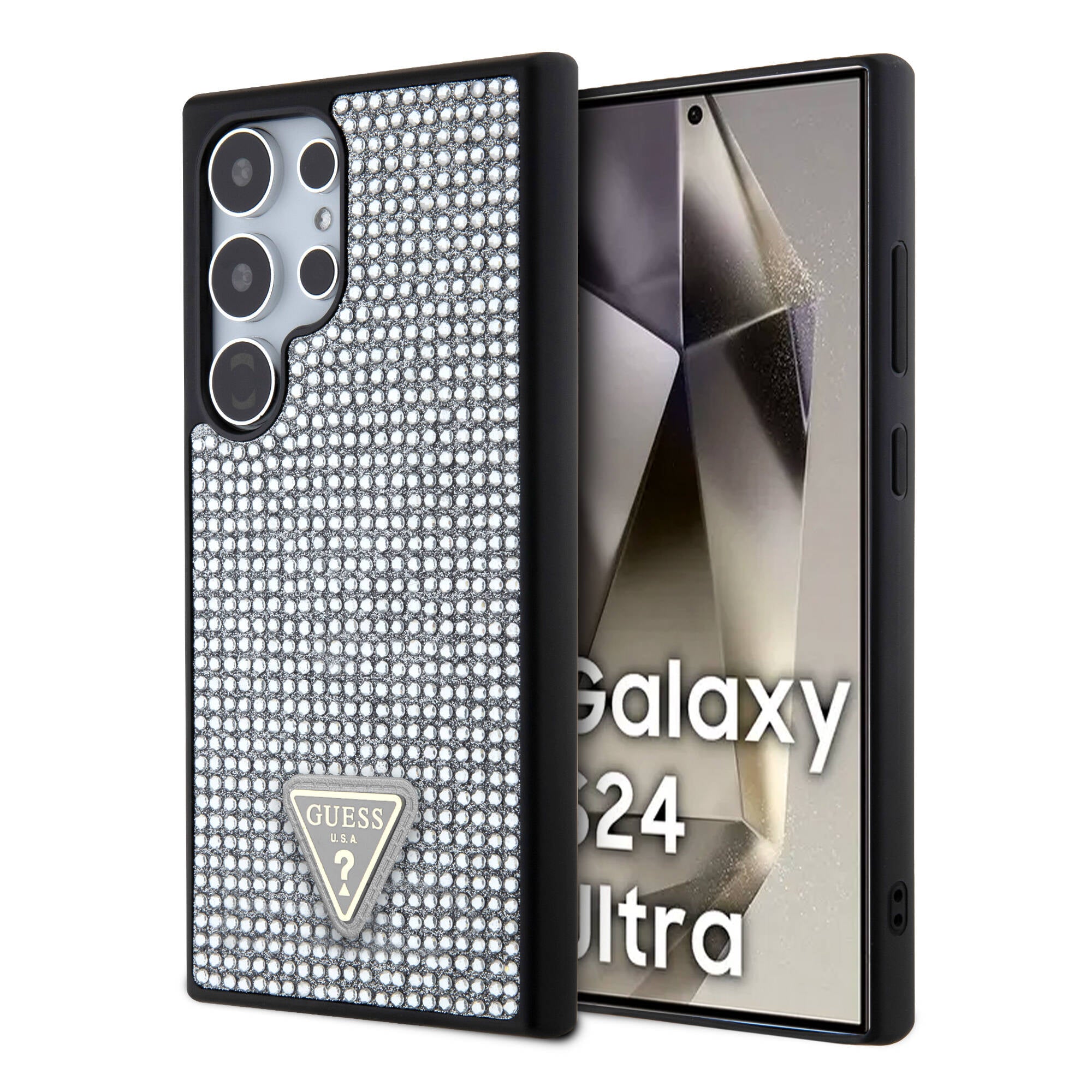 Galaxy S24 Ultra Kılıf Guess Orjinal Lisanslı Taşlı Arka Yüzey Üçgen Logolu Kapak Pembe