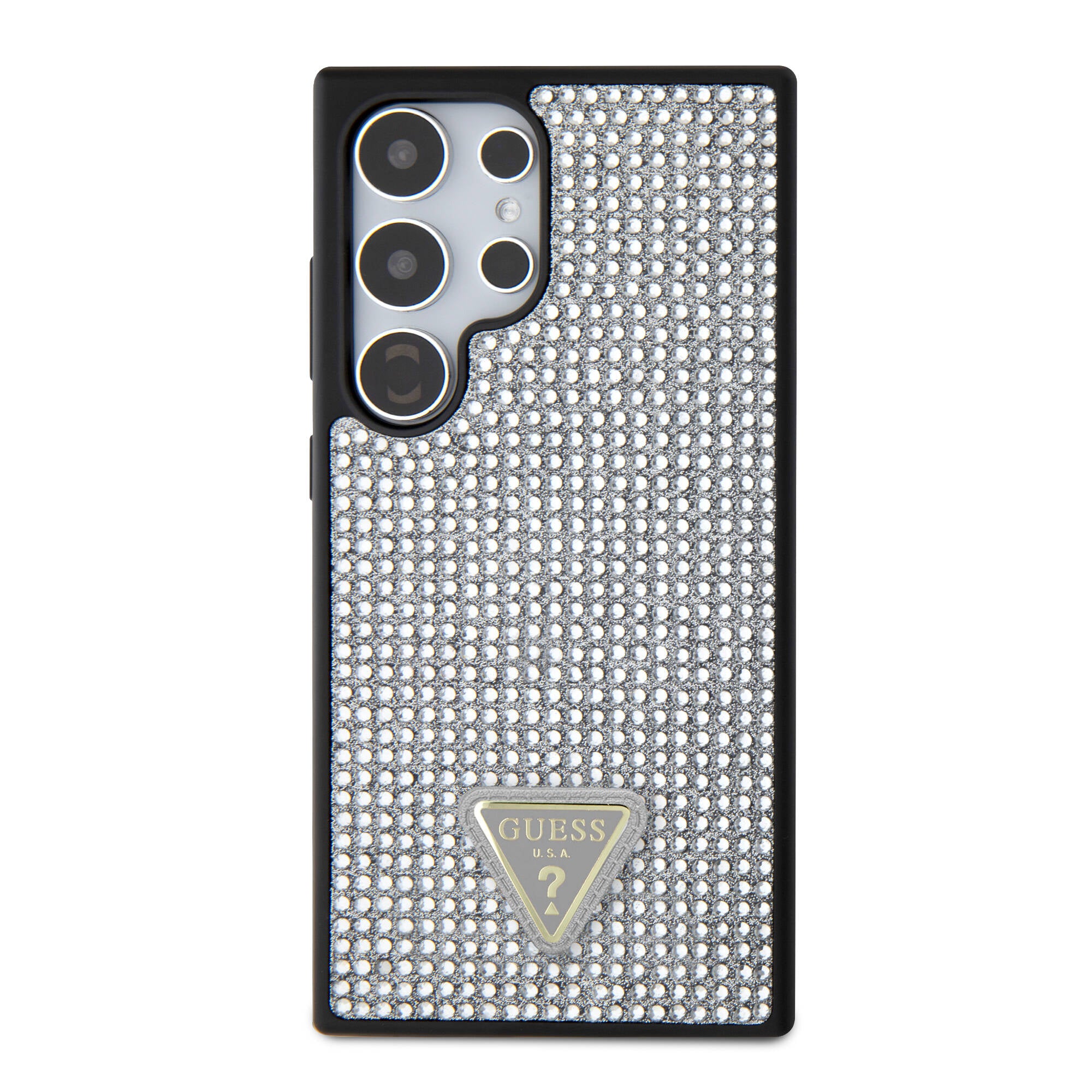 Galaxy S24 Ultra Kılıf Guess Orjinal Lisanslı Taşlı Arka Yüzey Üçgen Logolu Kapak Gümüş