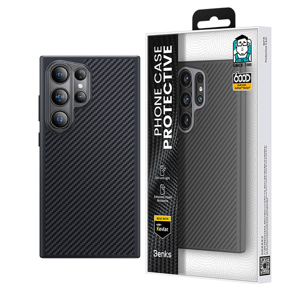 Galaxy S24 Ultra Kılıf Karbon Fiber Magsafe Şarj Özellikli Benks Hybrid ArmorPro 600D Kevlar Kılıf Siyah