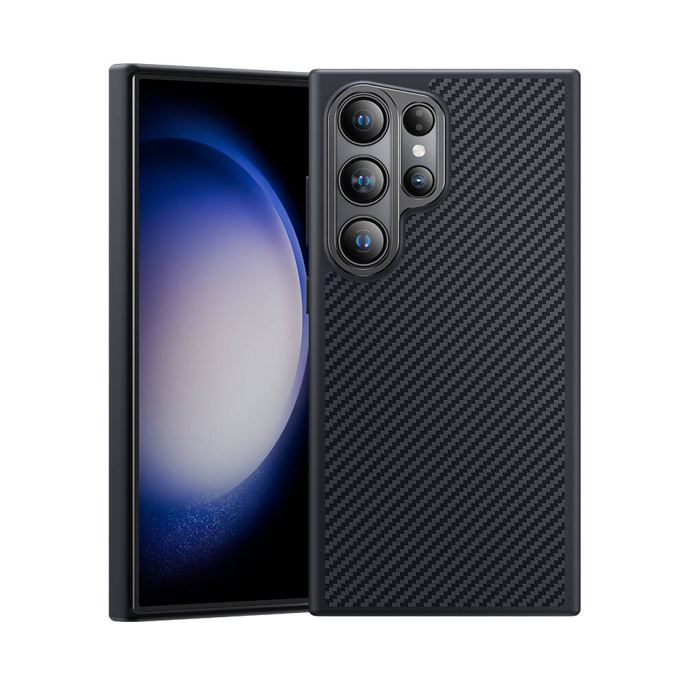 Galaxy S24 Ultra Kılıf Karbon Fiber Magsafe Şarj Özellikli Benks Hybrid ArmorPro 600D Kevlar Kılıf Siyah