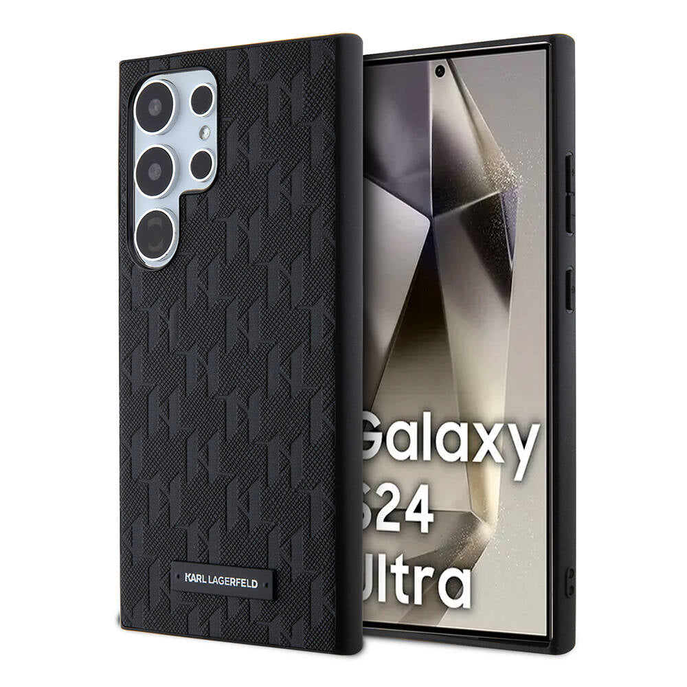 Galaxy S24 Ultra Kılıf Karl Lagerfeld Orjinal Lisanslı Saffiano Monogram Metal Logo Kılıf Siyah