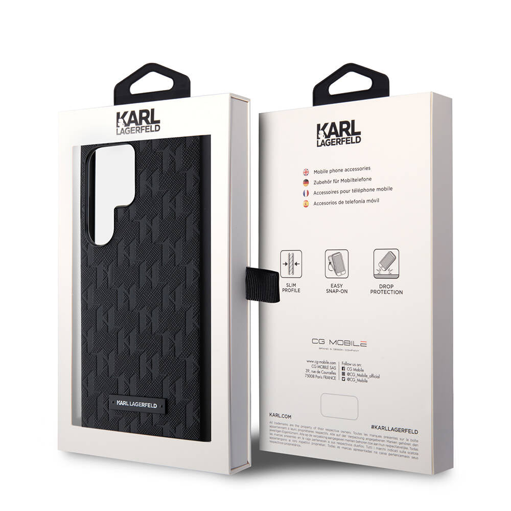 Galaxy S24 Ultra Kılıf Karl Lagerfeld Orjinal Lisanslı Saffiano Monogram Metal Logo Kılıf Siyah