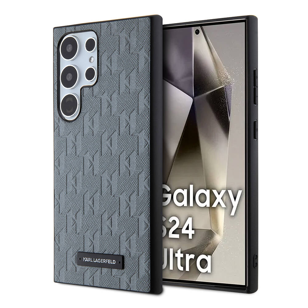 Galaxy S24 Ultra Kılıf Karl Lagerfeld Orjinal Lisanslı Saffiano Monogram Metal Logo Kılıf Siyah