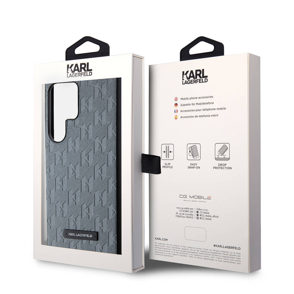 Galaxy S24 Ultra Kılıf Karl Lagerfeld Orjinal Lisanslı Saffiano Monogram Metal Logo Kılıf Siyah