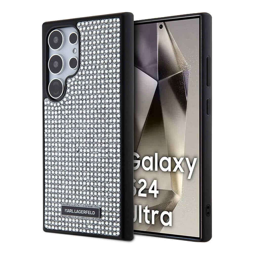 Galaxy S24 Ultra Kılıf Karl Lagerfeld Taşlı Metal Logo Orjinal Lisanslı Kılıf Gümüş