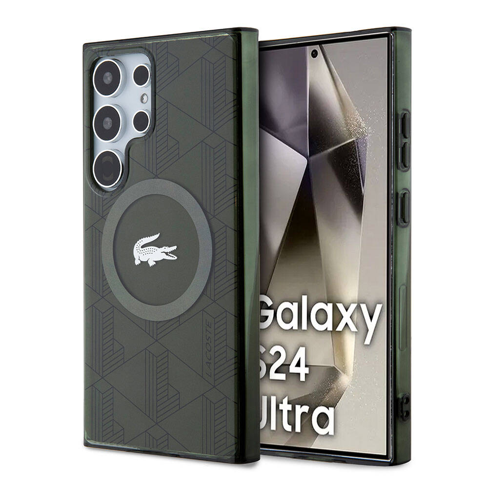 Galaxy S24 Ultra Kılıf Lacoste Orjinal Lisanslı Magsafe Şarj Özellikli Çift Katmanlı Timsah Logolu Blend Monogram Kılıf Haki