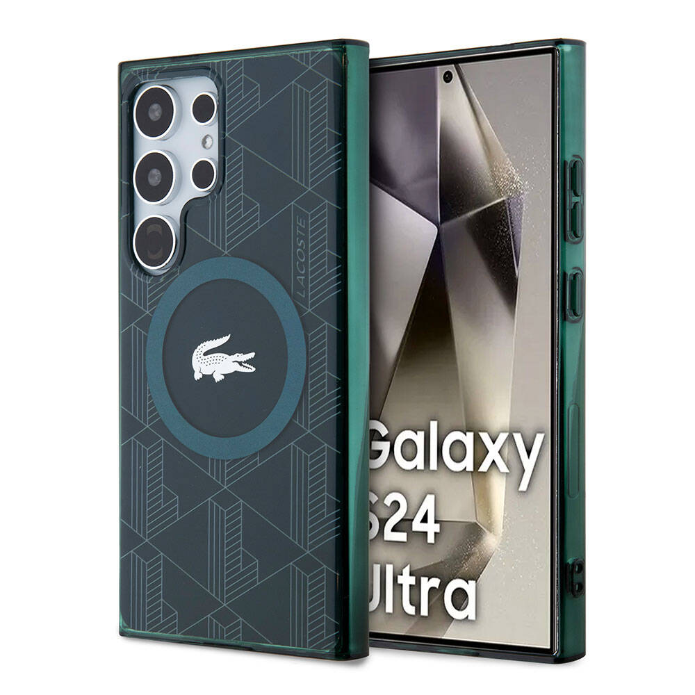 Galaxy S24 Ultra Kılıf Lacoste Orjinal Lisanslı Magsafe Şarj Özellikli Çift Katmanlı Timsah Logolu Blend Monogram Kılıf Haki