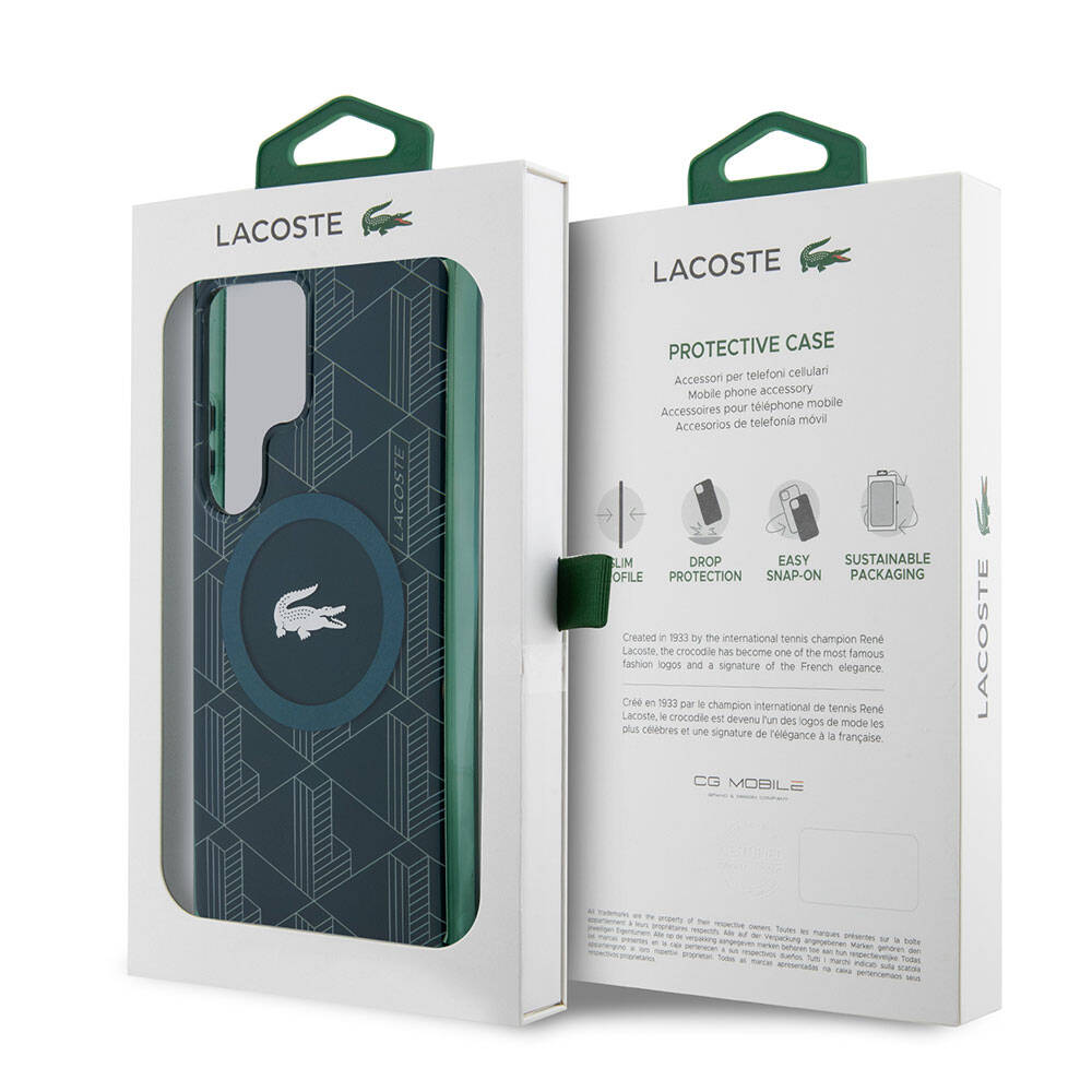 Galaxy S24 Ultra Kılıf Lacoste Orjinal Lisanslı Magsafe Şarj Özellikli Çift Katmanlı Timsah Logolu Blend Monogram Kılıf Haki