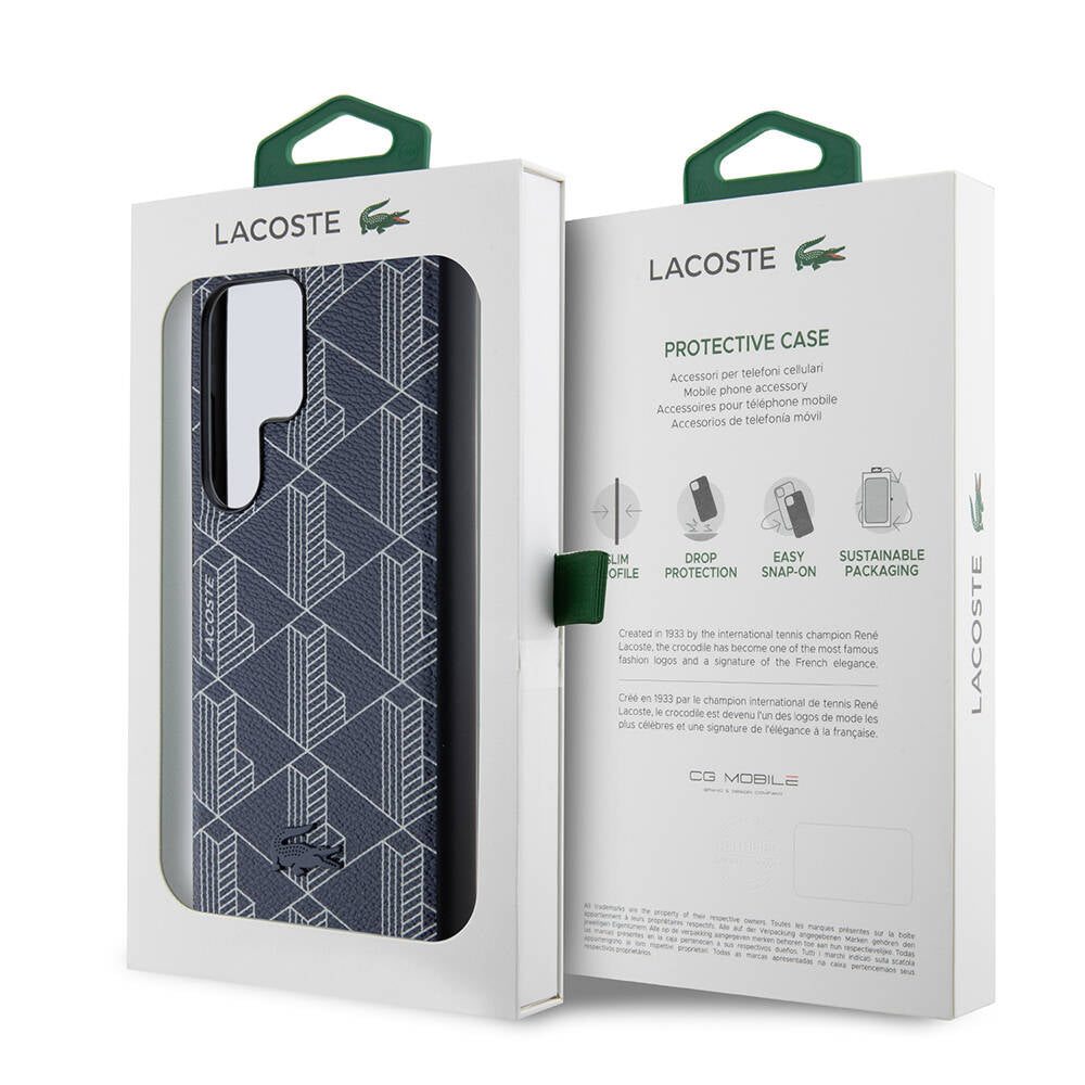 Galaxy S24 Ultra Kılıf Lacoste Orjinal Lisanslı Magsafe Şarj Özellikli PU Deri Görünümlü Karışık Monogram Desenli Kılıf Siyah