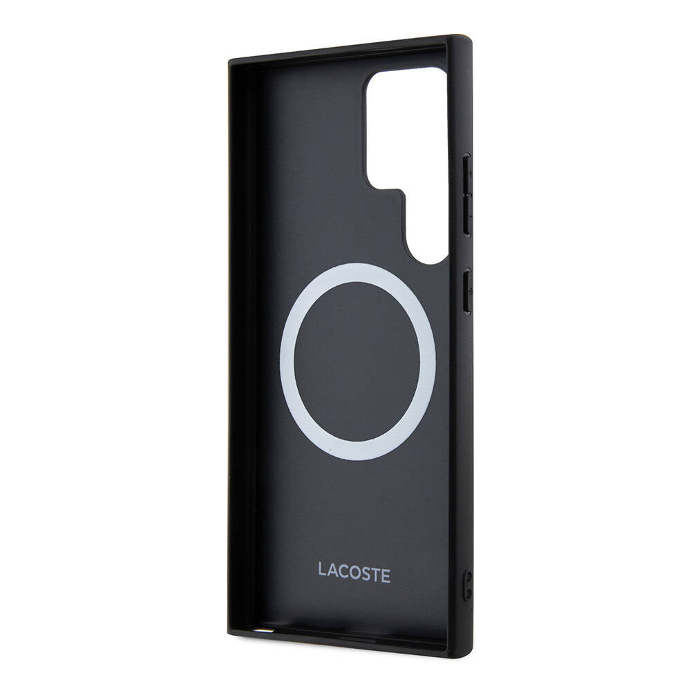 Galaxy S24 Ultra Kılıf Lacoste Orjinal Lisanslı Magsafe Şarj Özellikli PU Deri Görünümlü Karışık Monogram Desenli Kılıf Siyah
