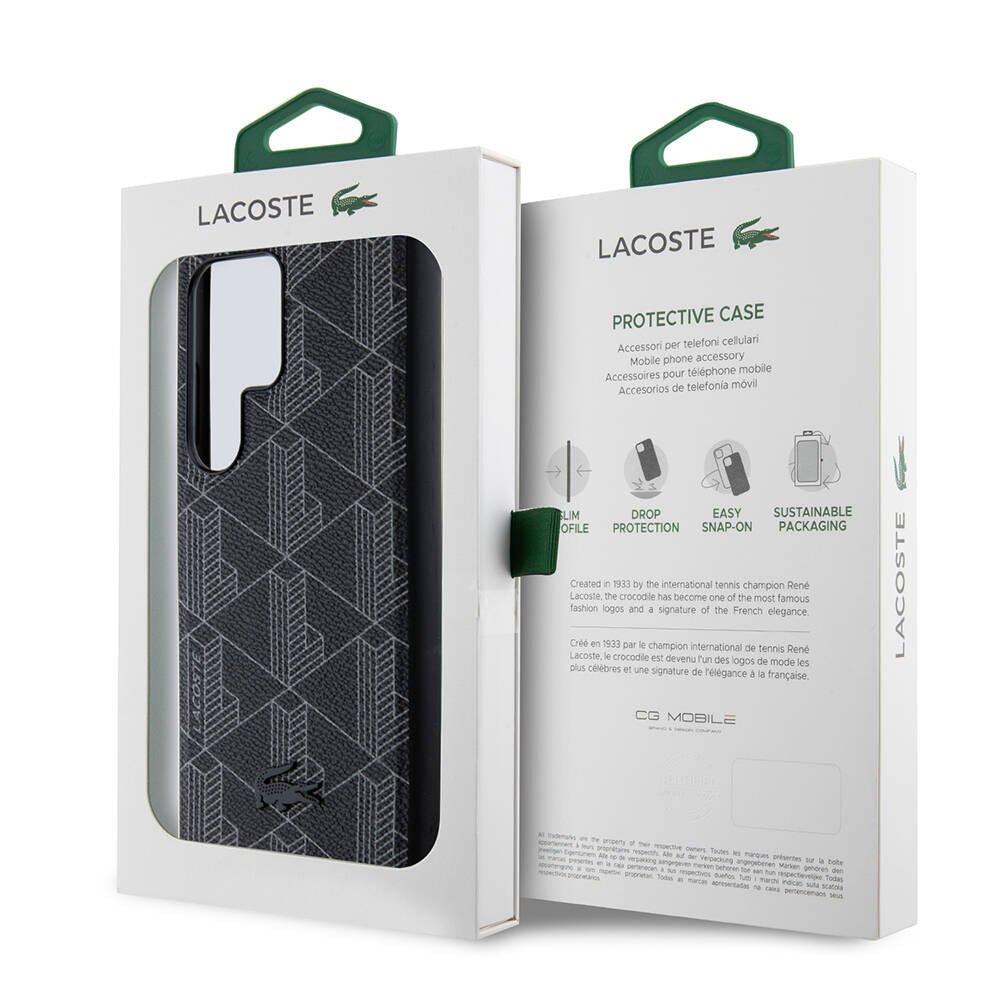 Galaxy S24 Ultra Kılıf Lacoste Orjinal Lisanslı Magsafe Şarj Özellikli PU Deri Görünümlü Karışık Monogram Desenli Kılıf Lacivert