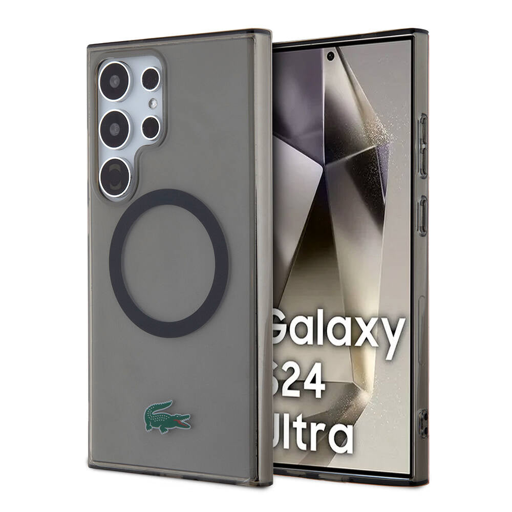 Galaxy S24 Ultra Kılıf Lacoste Orjinal Lisanslı Magsafe Şarj Özellikli Transparan Timsah Logo Baskılı Kılıf Siyah