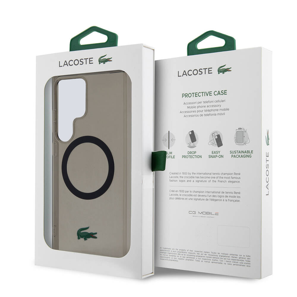 Galaxy S24 Ultra Kılıf Lacoste Orjinal Lisanslı Magsafe Şarj Özellikli Transparan Timsah Logo Baskılı Kılıf Siyah