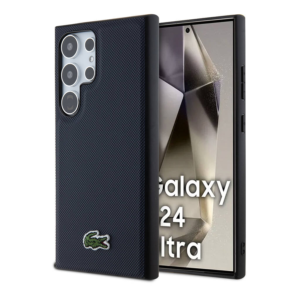 Galaxy S24 Ultra Kılıf Lacoste Orjinal Lisanslı PU Pike Desenli Arka Yüzey İkonik Timsah Dokuma Logolu Kılıf Lacivert