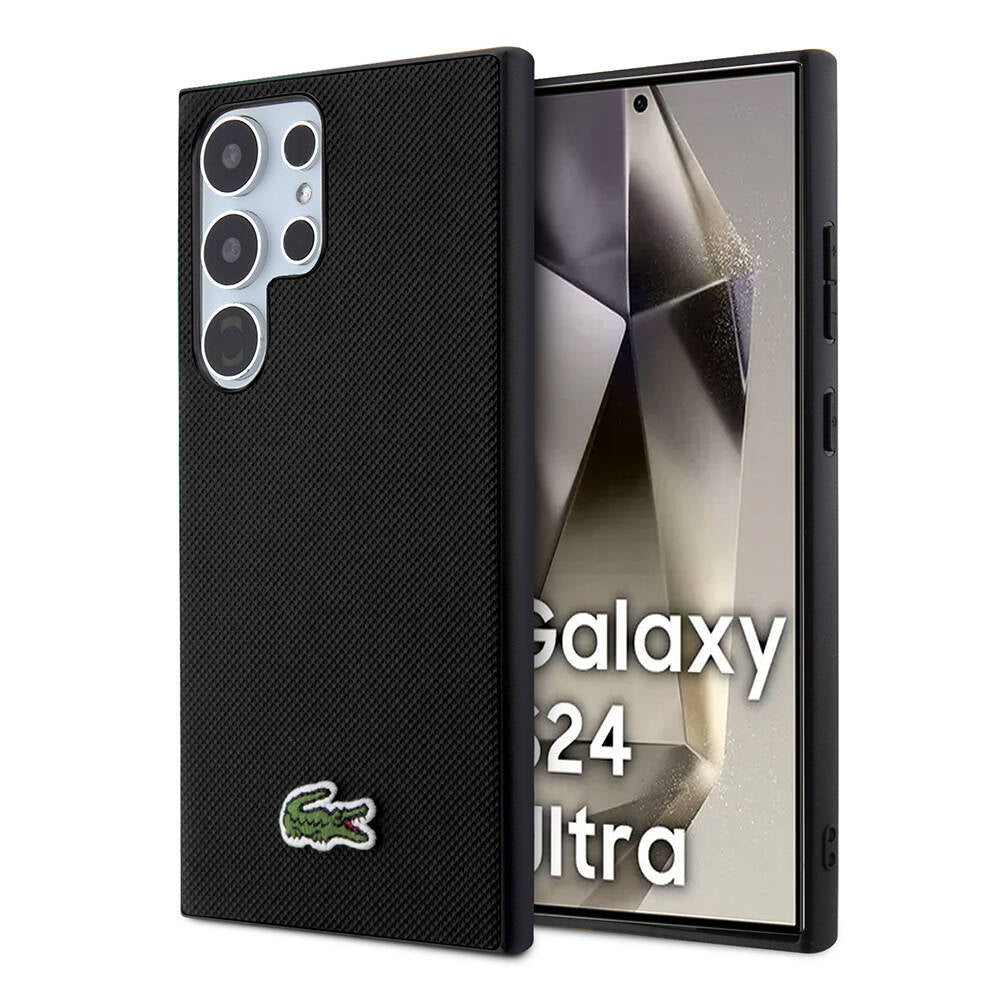 Galaxy S24 Ultra Kılıf Lacoste Orjinal Lisanslı PU Pike Desenli Arka Yüzey İkonik Timsah Dokuma Logolu Kılıf Siyah
