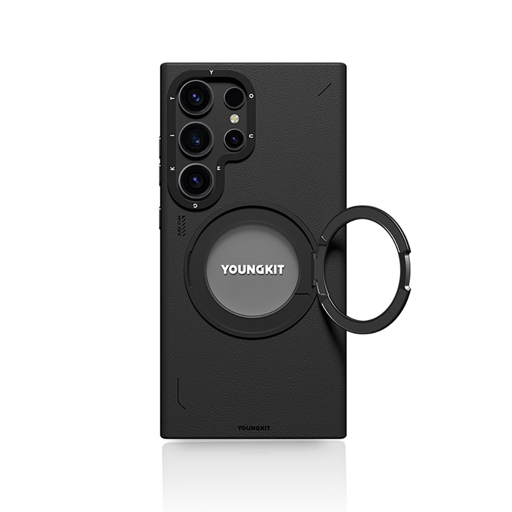 Galaxy S24 Ultra Kılıf Magsafe Şarj Özellikli 360° Standlı Basit Mat Deri Desenli Youngkit Tech Leather Serisi Kapak Kahverengi