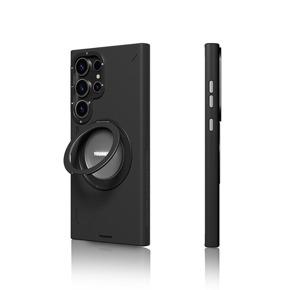 Galaxy S24 Ultra Kılıf Magsafe Şarj Özellikli 360° Standlı Basit Mat Deri Desenli Youngkit Tech Leather Serisi Kapak Kahverengi