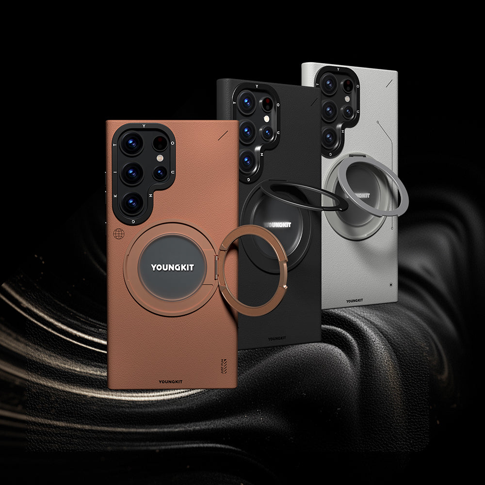 Galaxy S24 Ultra Kılıf Magsafe Şarj Özellikli 360° Standlı Basit Mat Deri Desenli Youngkit Tech Leather Serisi Kapak Siyah