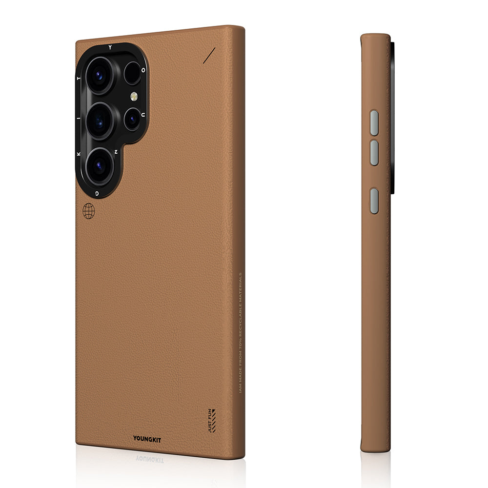 Galaxy S24 Ultra Kılıf Magsafe Şarj Özellikli Basit Mat Deri Desenli Youngkit Tech Fashion Serisi Kapak Kahverengi