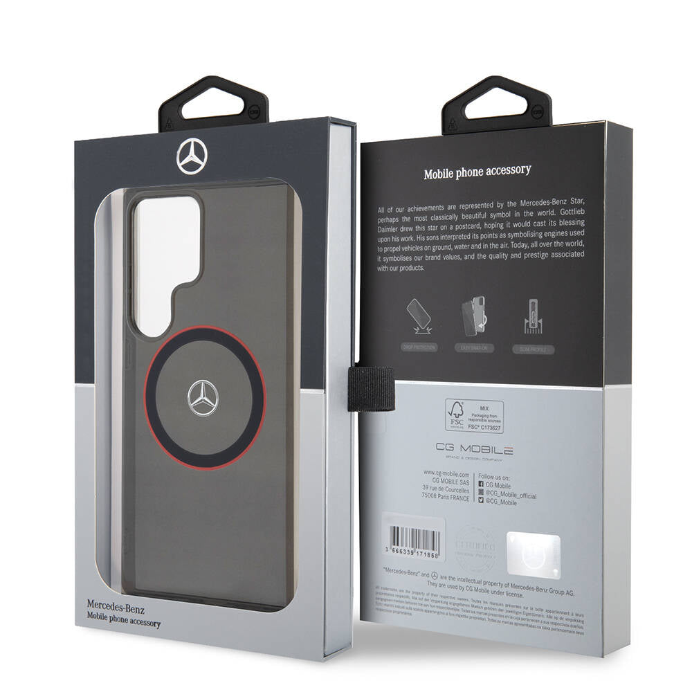 Galaxy S24 Ultra Kılıf Mercedes Benz Orjinal Lisanslı Magsafe Şarj Özellikli IML Yıldız Logolu Red Ring Kılıf Siyah