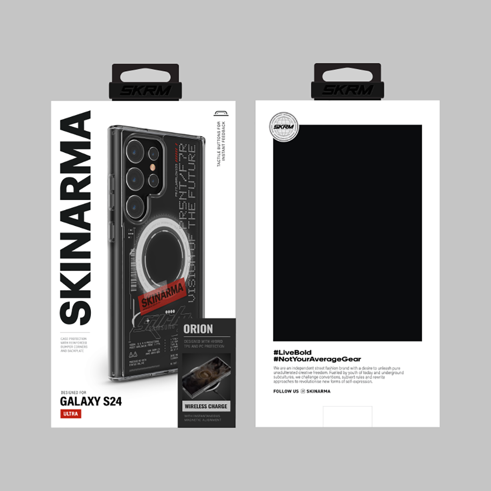 Galaxy S24 Ultra Kılıf SkinArma Magsafe Şarj Özellikli Yazı Desenli Airbag Tasarımlı Orion Kılıf Renksiz