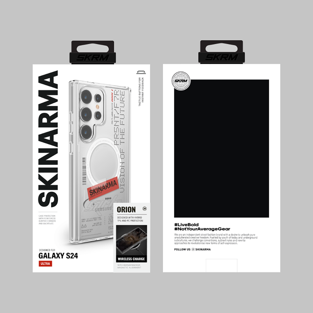 Galaxy S24 Ultra Kılıf SkinArma Magsafe Şarj Özellikli Yazı Desenli Airbag Tasarımlı Orion Kılıf Renksiz