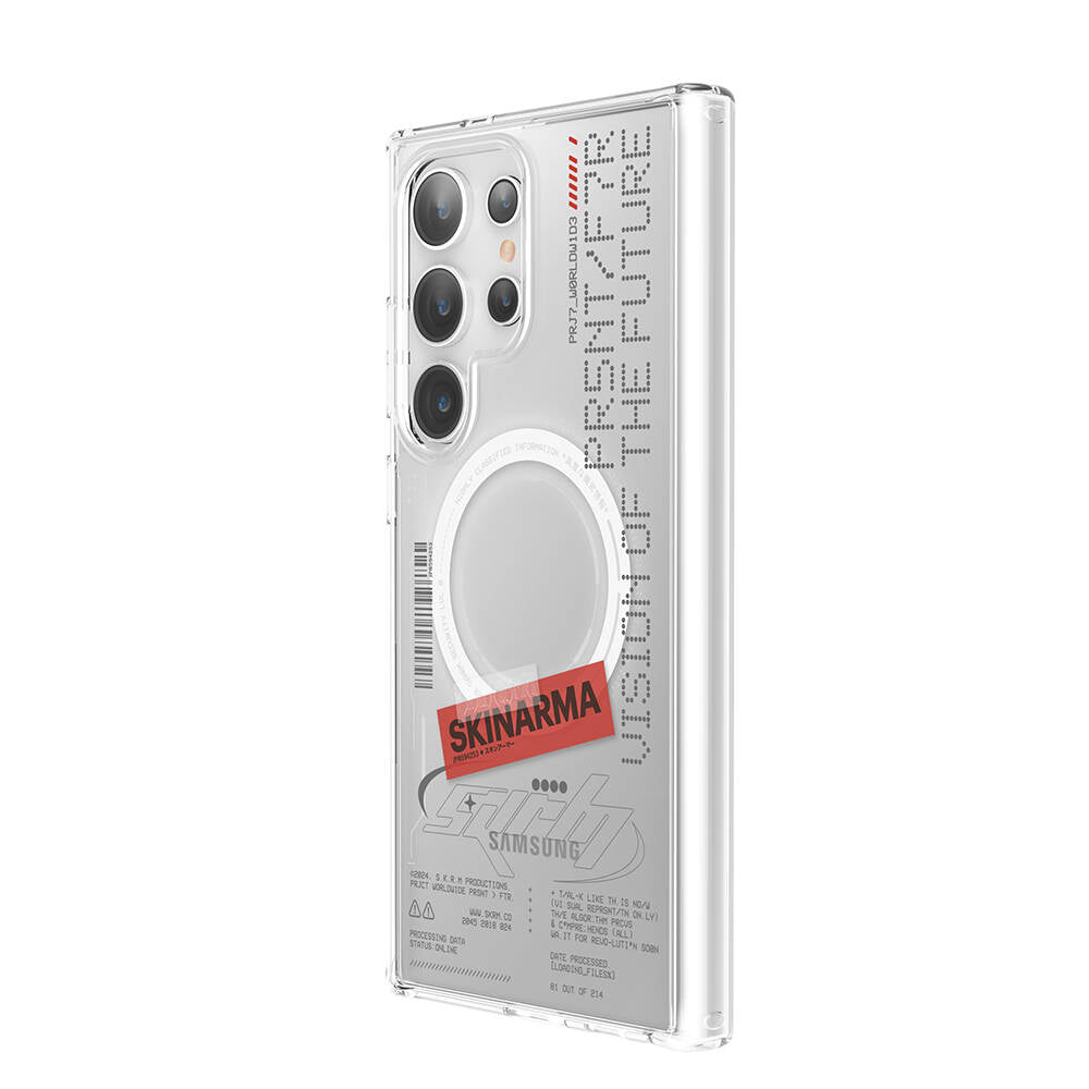 Galaxy S24 Ultra Kılıf SkinArma Magsafe Şarj Özellikli Yazı Desenli Airbag Tasarımlı Orion Kılıf Renksiz