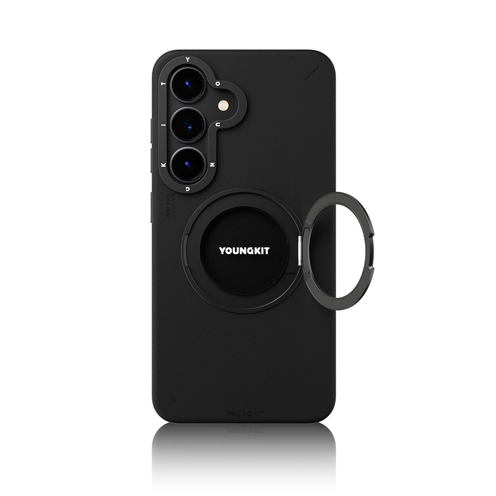 Galaxy S25 Kılıf Magsafe Şarj Özellikli 360° Standlı Basit Mat Deri Desenli Youngkit Tech Leather Serisi Kapak Gri