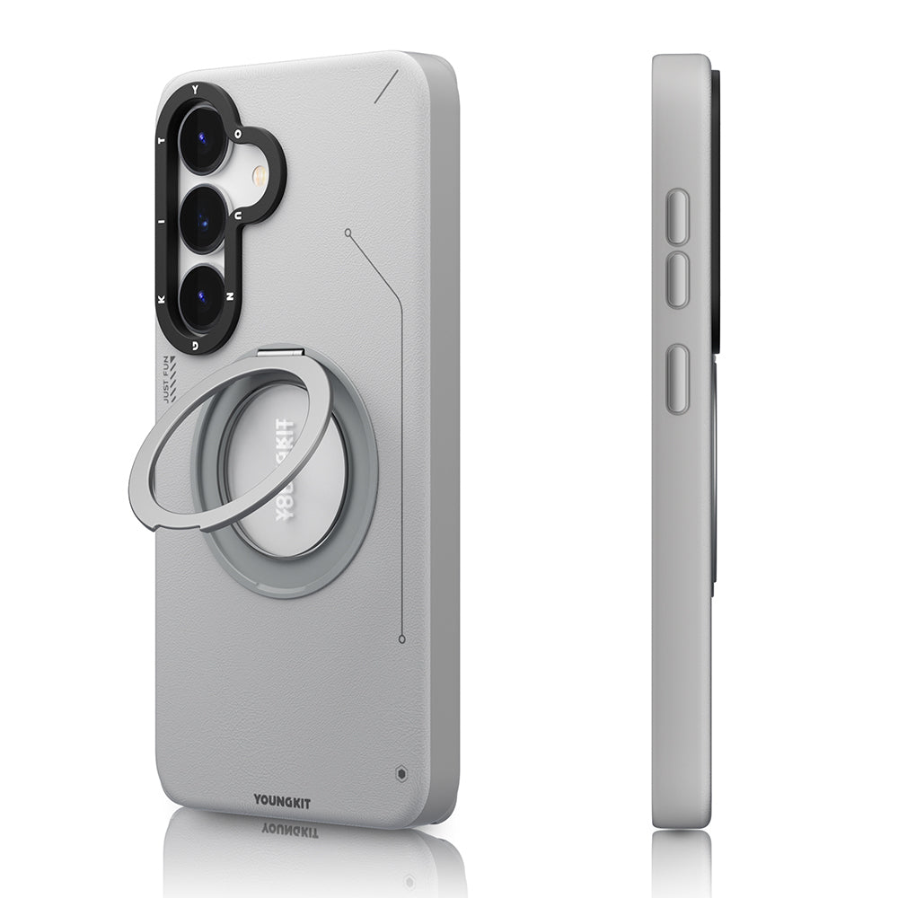 Galaxy S25 Kılıf Magsafe Şarj Özellikli 360° Standlı Basit Mat Deri Desenli Youngkit Tech Leather Serisi Kapak Kahverengi