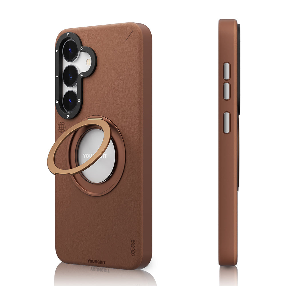 Galaxy S25 Kılıf Magsafe Şarj Özellikli 360° Standlı Basit Mat Deri Desenli Youngkit Tech Leather Serisi Kapak Gri