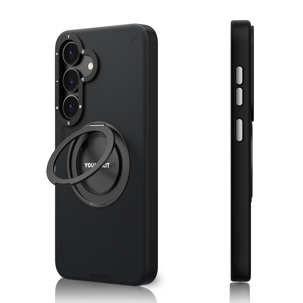 Galaxy S25 Kılıf Magsafe Şarj Özellikli 360° Standlı Basit Mat Deri Desenli Youngkit Tech Leather Serisi Kapak Gri