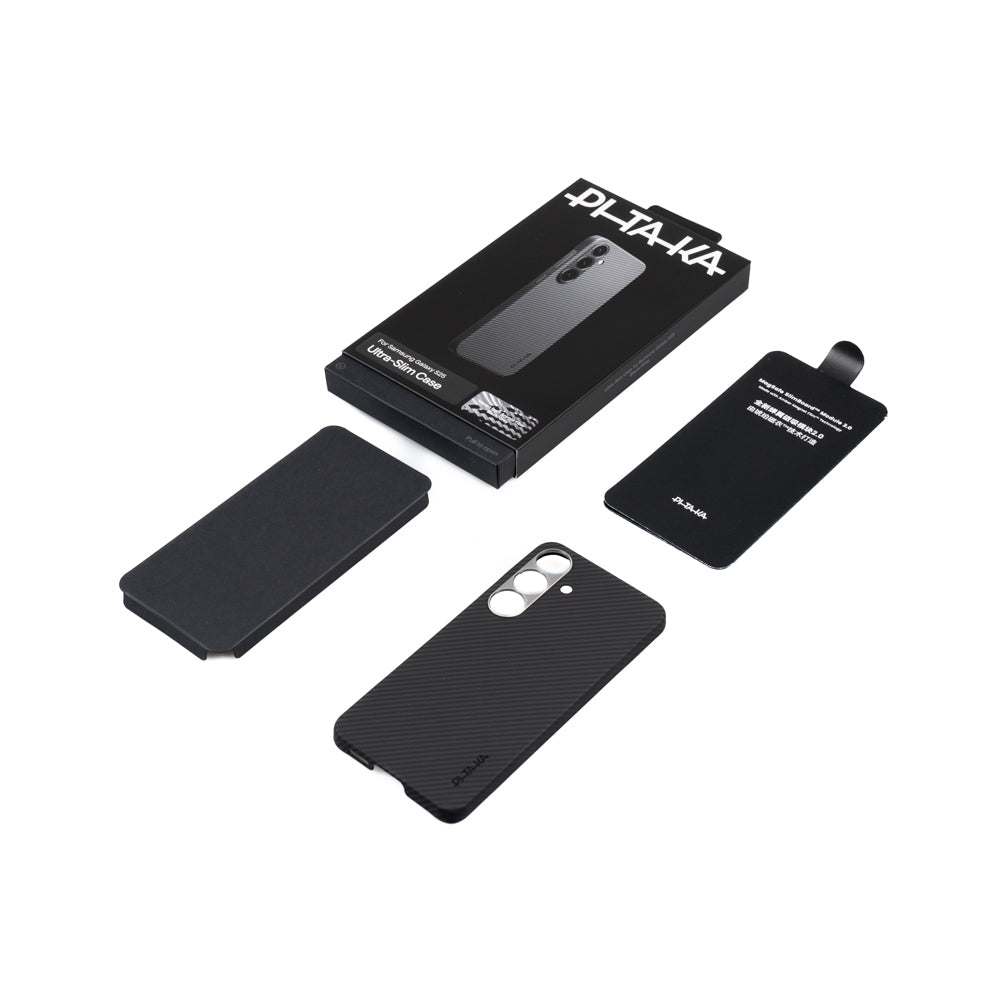 Galaxy S25 Kılıf Magsafe Şarj Özellikli 600D Aramid Fiber Pitaka Ultra-Slim Classic Serisi Black-Grey Twill Kılıf Siyah-Gri
