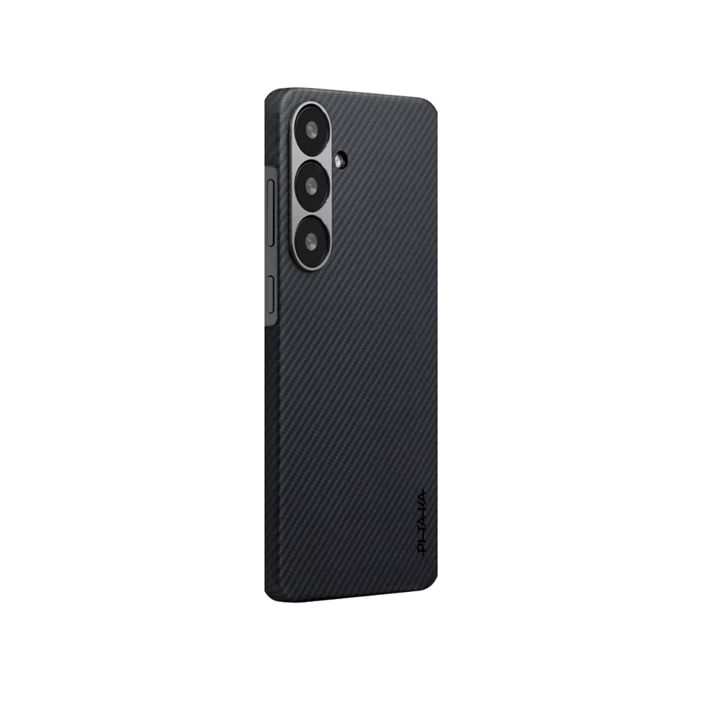 Galaxy S25 Kılıf Magsafe Şarj Özellikli 600D Aramid Fiber Pitaka Ultra-Slim Classic Serisi Black-Grey Twill Kılıf Siyah-Gri