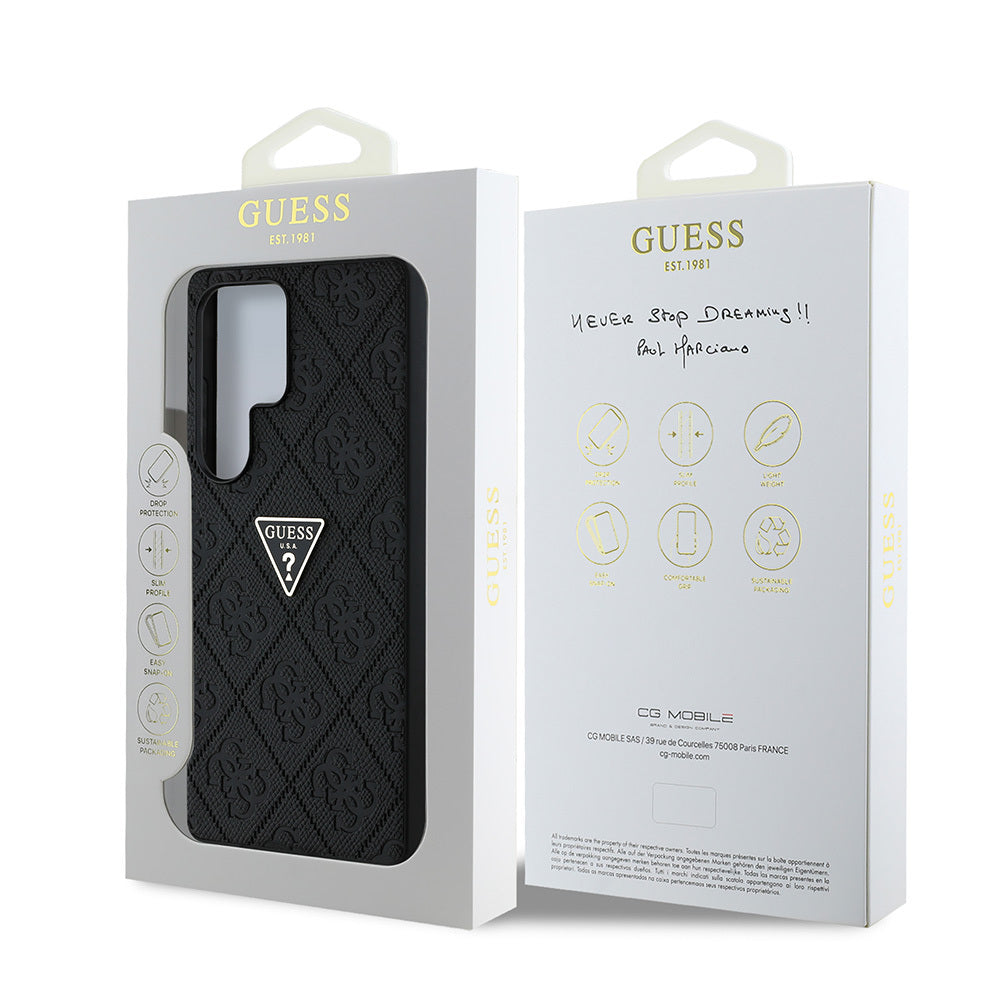 Galaxy S25 Ultra Kılıf Guess Orjinal Lisanslı 4G Desenli Sıcak Damgalı Üçgen Logolu Kapak Siyah