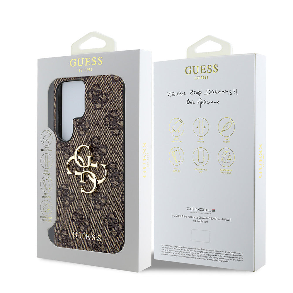 Galaxy S25 Ultra Kılıf Guess Orjinal Lisanslı PU Deri 4G Desenli Metal Büyük 4G ve Yazı Logolu Kapak Pembe