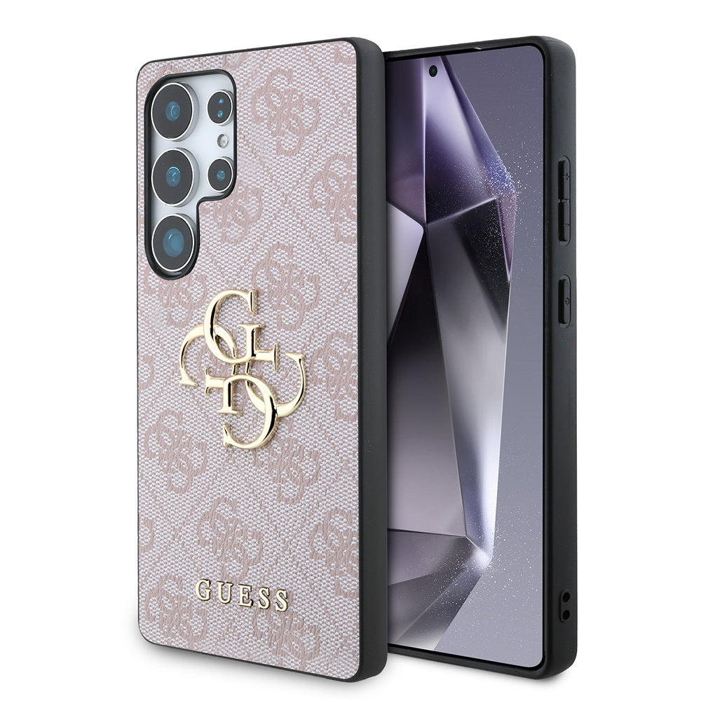 Galaxy S25 Ultra Kılıf Guess Orjinal Lisanslı PU Deri 4G Desenli Metal Büyük 4G ve Yazı Logolu Kapak Pembe