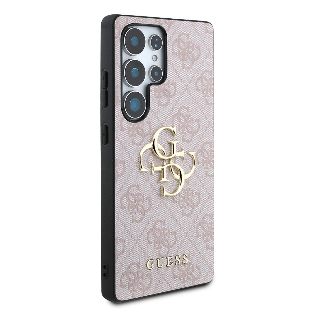 Galaxy S25 Ultra Kılıf Guess Orjinal Lisanslı PU Deri 4G Desenli Metal Büyük 4G ve Yazı Logolu Kapak Pembe