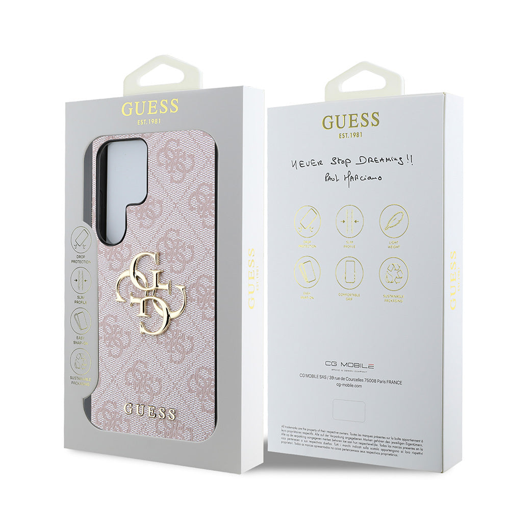 Galaxy S25 Ultra Kılıf Guess Orjinal Lisanslı PU Deri 4G Desenli Metal Büyük 4G ve Yazı Logolu Kapak Pembe