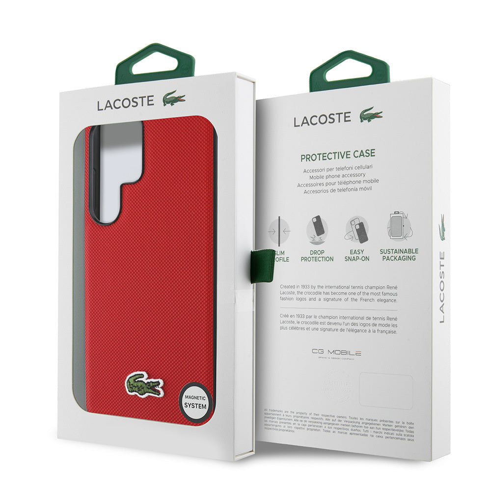 Galaxy S25 Ultra Kılıf Lacoste Orjinal Lisanslı PU Pike Desenli Arka Yüzey İkonik Timsah Dokuma Logolu Kapak Kırmızı