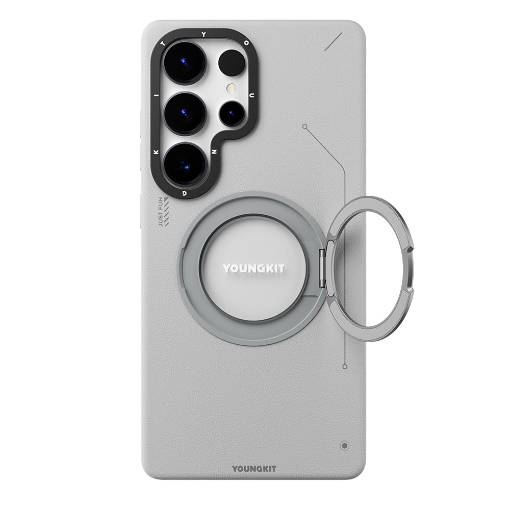 Galaxy S25 Ultra Kılıf Magsafe Şarj Özellikli 360° Standlı Basit Mat Deri Desenli Youngkit Tech Leather Serisi Kapak Siyah